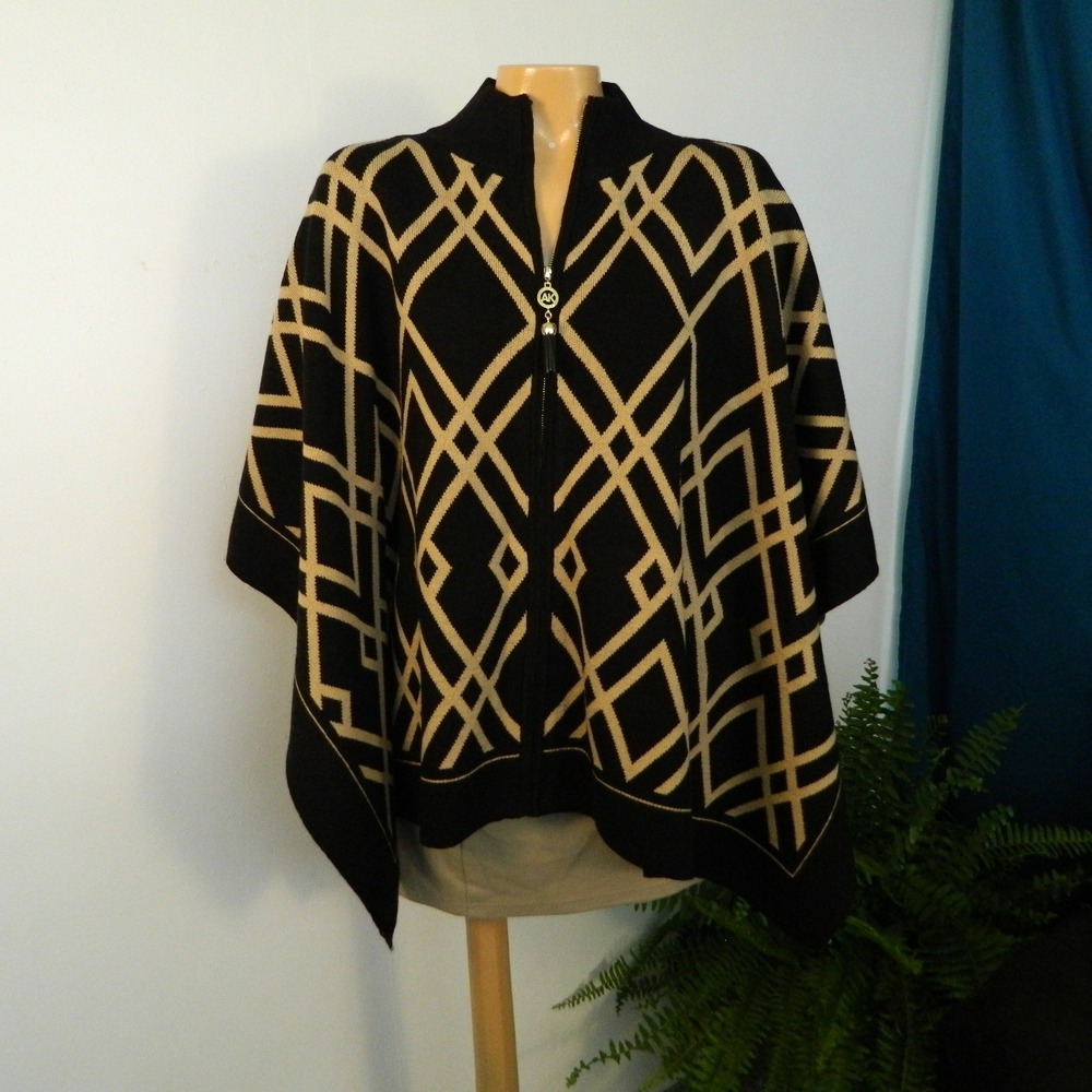 Anne Klein Poncho Sweater Women Medium Black Tan Geometric Zip Front Mock Neck